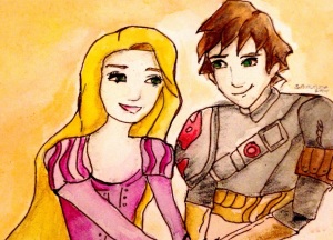 Rapunzel from Disney's Rapunzel and Hiccup from How to Train your Dragon. This was done in watercolors and edited in Camera360 app. 